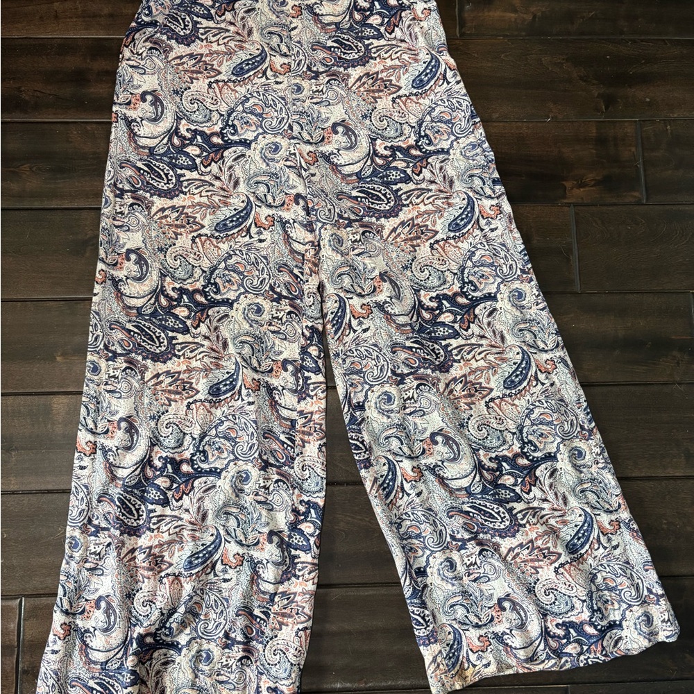 Wide Leg Blue and White Palazzo Pants with Paisley Print